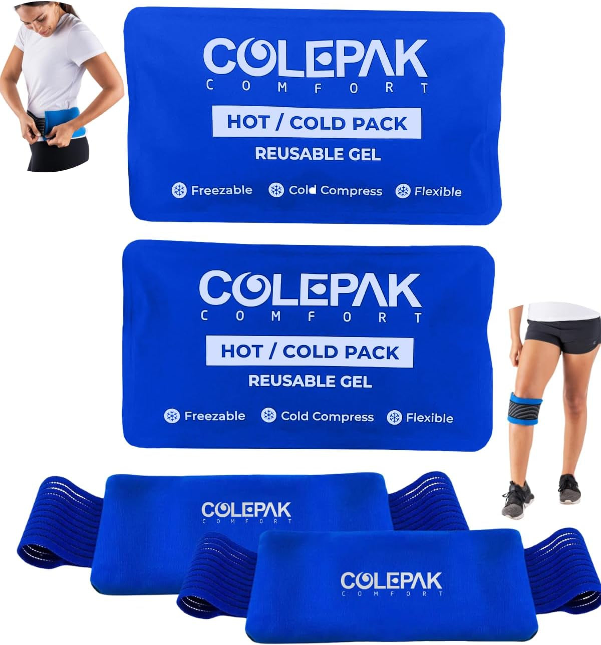 Hot & Cold Ice Packs for Injuries Reusable Gel (4 Pc Set) for Pain Relief, Joint Muscle Soreness Swelling for Knees Back Shoulder Foot